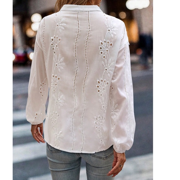 Classic White Lace Embroidered Eyelet Button Down Loose Fit Shirt - Picture 3 of 5